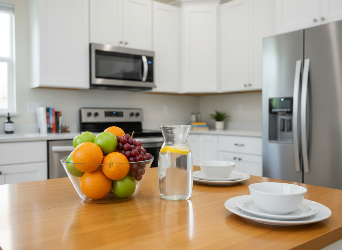 A tidy kitchen corner in a sober living home, focusing on a polished light-wood dining table set for a simple, healthy meal. On the table rests a large glass bowl filled with fresh fruits—green apples, oranges, and red grapes—beside a clear glass pitcher of water infused with lemon slices. The background shows crisp white cabinetry, stainless steel appliances, and a neatly arranged counter with no clutter. Soft overcast daylight streams in from an off-camera window, providing even, diffused illumination that eliminates harsh shadows. The image is photographed at table height with a centered composition and moderate depth of field, keeping both foreground and midground in focus. The atmosphere is clean, organized, and professional, suggesting nourishment, stability, and the daily routines that support sober living and renewal.