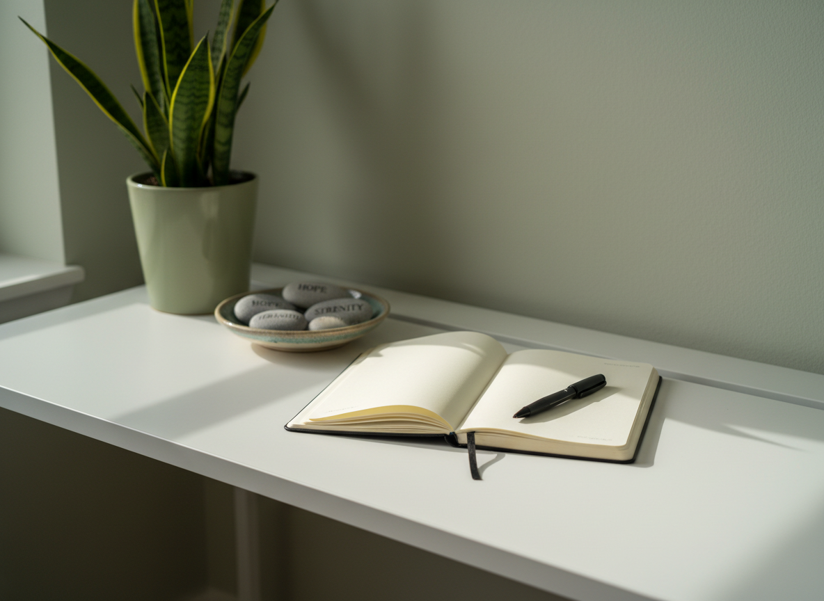 A dedicated reflection and journaling nook within a sober living residence, featuring a simple white desk against a pale sage-green wall. On the desk lies an open notebook with a smooth, cream-colored page, a sleek black pen resting diagonally across it, and a small ceramic dish holding a few polished stones engraved with words like “Hope” and “Strength.” A medium-sized potted plant with lush green leaves sits on one corner of the desk, adding life and texture. Soft, diffused morning light filters in from the left, creating gentle shadows that emphasize the objects’ forms without distraction. Captured from a slightly overhead angle with a shallow depth of field, the composition feels intimate and focused. The photographic realism and minimalist styling convey a sense of quiet determination, introspection, and professional support for a new beginning.