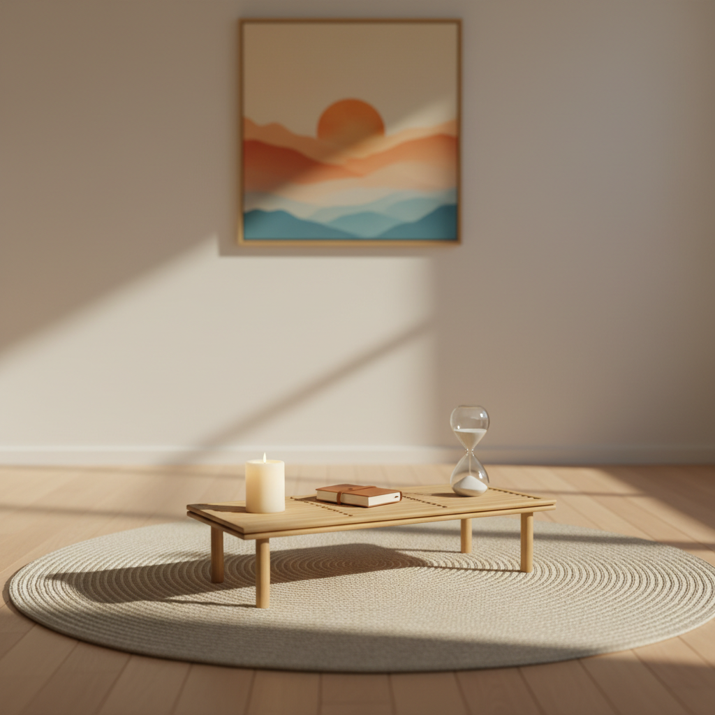 A quiet meditative space intended for residents in sober living, centered on a round natural-fiber rug placed on smooth light-wood flooring. On the rug sits a low bamboo bench supporting a single unlit white pillar candle, a small closed journal, and a simple sand timer with clear glass and fine white sand. The background shows a plain off-white wall with a single piece of minimalist artwork depicting a sunrise in soft gradients of orange and blue. Gentle early-morning light filters in from an unseen window to the right, creating soft, elongated shadows and a warm yet subdued glow. Captured from a slightly elevated angle with a shallow depth of field, the image has clean photographic realism, conveying stillness, intention, and the quiet discipline of renewal without any human presence.