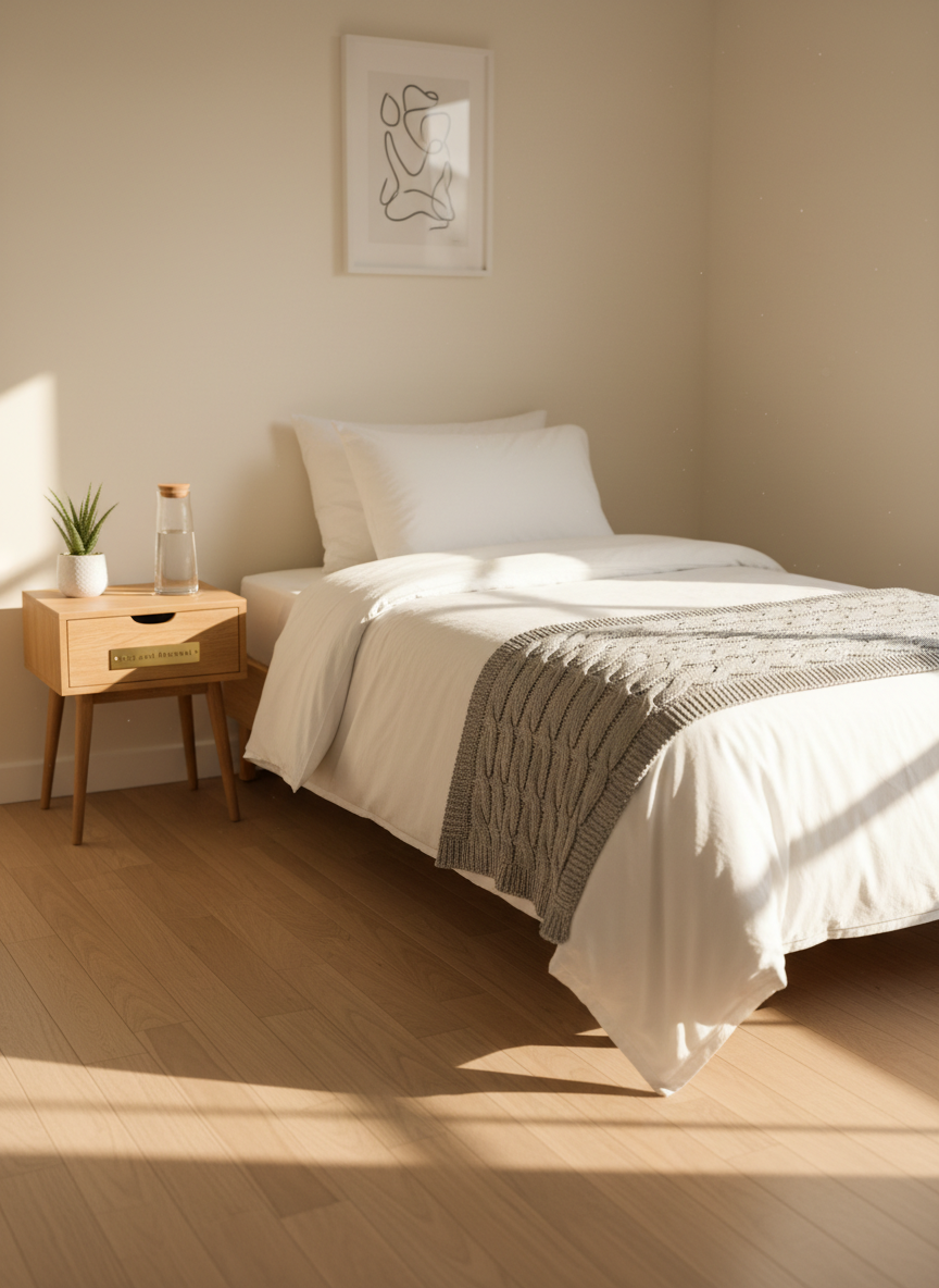 A neatly made single bed featuring crisp white linens and a soft heather-gray knitted throw folded at the foot, with a simple wooden nightstand holding a glass carafe of water and a small green plant. The room is painted in warm off-white with light oak flooring and minimal decor, emphasizing cleanliness and order. Soft morning sunlight pours through an unseen window, casting gentle, elongated shadows across the bed and floor. Photographed at eye level with a slight angle toward the bed, using a shallow depth of field to keep the foreground in sharp focus and the background softly blurred. The mood is calm, hopeful, and professional, with clean photographic realism suited to a sober living environment called “Rise and Renewal.”