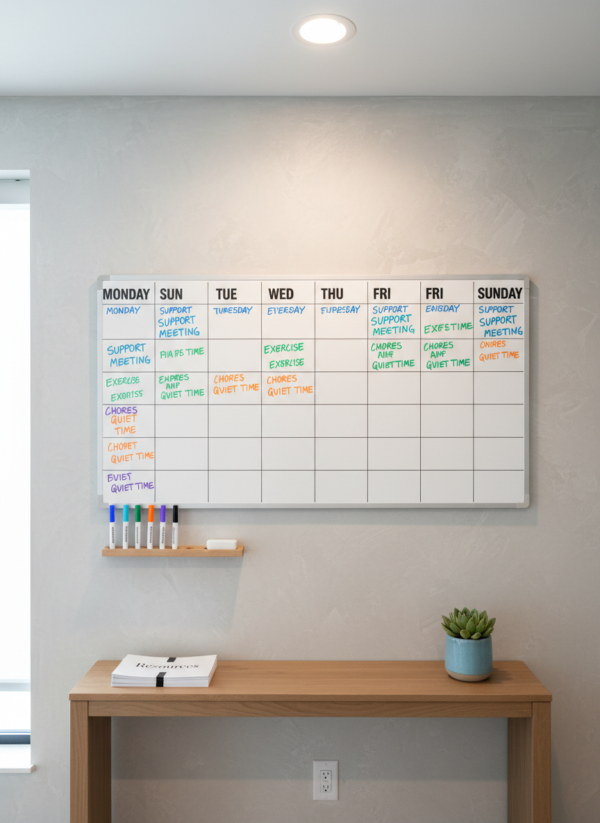 A structured weekly planning station in a sober living residence, focusing on a large wall-mounted whiteboard with clearly written days of the week and color-coded entries for support meetings, exercise, chores, and quiet time. A slim wooden ledge at the bottom of the board holds neatly arranged dry-erase markers in soft pastel tones and a small eraser. Below, a narrow console table displays a tidy stack of informational brochures labeled “Resources” and a small, healthy succulent in a matte ceramic pot. Soft, indirect overhead lighting and subtle natural light from a nearby window illuminate the scene without glare. The photograph is taken straight-on with sharp focus and a balanced composition, conveying order, accountability, and professional guidance in the journey of recovery and renewal.