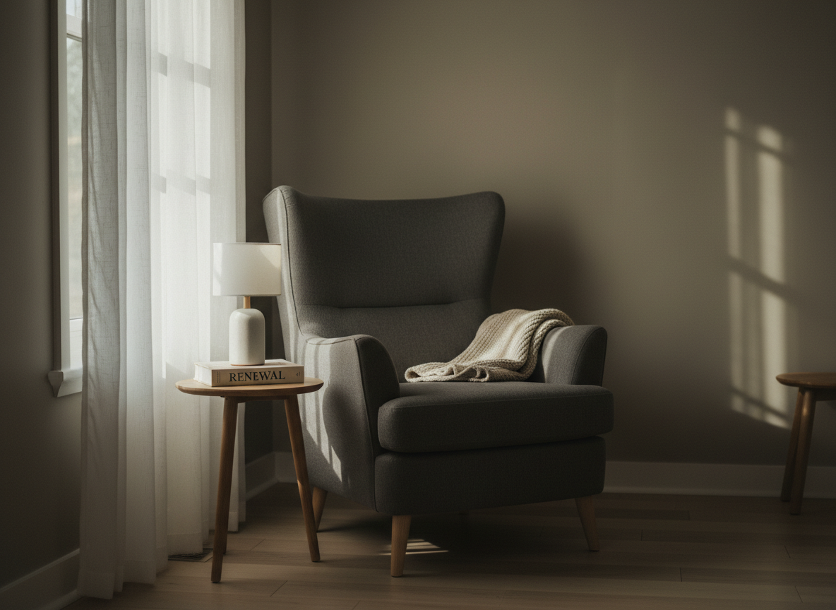 A private reading and relaxation corner featuring a high-backed, charcoal-gray armchair with a soft, textured fabric, positioned beside a tall, narrow window. A light beige woven throw is draped neatly over one arm of the chair, and a small round oak side table holds a single hardcover book titled “Renewal,” along with a minimalist white ceramic lamp. Natural late-afternoon light filters through a sheer curtain, casting a gentle glow onto the chair and table while leaving the rest of the room subtly dimmer. Photographed at eye level with the chair slightly off-center, the composition creates an inviting negative space around the scene. The photographic realism, muted color palette, and uncluttered environment project a sense of tranquil focus, professional care, and the quiet strength of sober living.