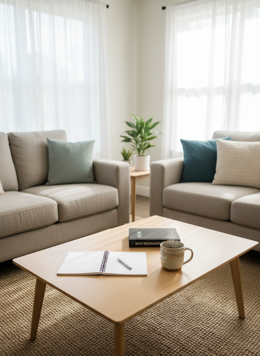 A bright, orderly common living room in a sober living residence, centered on a low, light-wood coffee table holding an open journal, a closed hardcover book titled “New Beginnings,” and a ceramic mug of herbal tea. Surrounding the table are two neutral-toned sofas with textured cushions in muted blues and greens, arranged in a welcoming U-shape. Large windows in the background flood the room with diffused afternoon light, creating soft highlights on the wooden surfaces and subtle reflections on the mug. The photograph is composed with the table in the foreground, shot at a slightly elevated angle to show the full room, maintaining sharp focus and a clean, modern aesthetic. The atmosphere is professional yet warm, suggesting reflection, safety, and renewal without any human presence.