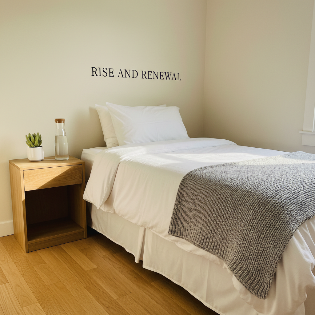 A neatly made single bed featuring crisp white linens and a soft heather-gray knitted throw folded at the foot, with a simple wooden nightstand holding a glass carafe of water and a small green plant. The room is painted in warm off-white with light oak flooring and minimal decor, emphasizing cleanliness and order. Soft morning sunlight pours through an unseen window, casting gentle, elongated shadows across the bed and floor. Photographed at eye level with a slight angle toward the bed, using a shallow depth of field to keep the foreground in sharp focus and the background softly blurred. The mood is calm, hopeful, and professional, with clean photographic realism suited to a sober living environment called “Rise and Renewal.”