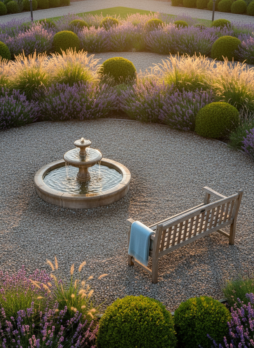 A serene outdoor courtyard designed for reflection, featuring a circular gravel path surrounding a small stone fountain with gently flowing water. Low-maintenance greenery, such as lavender, ornamental grasses, and small shrubs, lines the path in well-tended beds. A sturdy wooden bench with a slatted back sits nearby, with a folded light-blue blanket resting neatly on one end. The scene is illuminated by soft golden hour sunlight, creating warm highlights on the stones and subtle glimmers on the fountain’s surface. Captured from a slightly elevated perspective, the composition uses the circular path to lead the eye inward, with clear, photographic realism and a professional, calming mood that reinforces the idea of a new beginning in sober living.