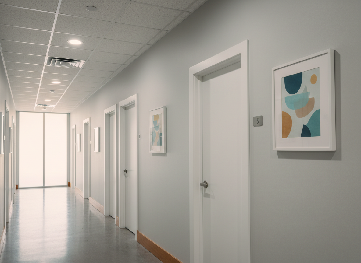 A clean, well-organized hallway within a sober living facility, with smooth light-gray walls, warm wood baseboards, and evenly spaced white doors leading to private rooms. Along one wall, tasteful framed abstract artwork in calming blues and earth tones adds subtle color. Recessed ceiling lights provide soft, even illumination, while a frosted glass panel at the end of the corridor allows natural daylight to filter in, creating a gentle glow that draws the eye forward. The image is captured from a low eye-level perspective looking straight down the hall, emphasizing depth and a sense of progression. The composition follows the rule of thirds, with the artwork and doors creating rhythm. The mood is professional, orderly, and reassuring, symbolizing a structured path toward rise and renewal in sober living.