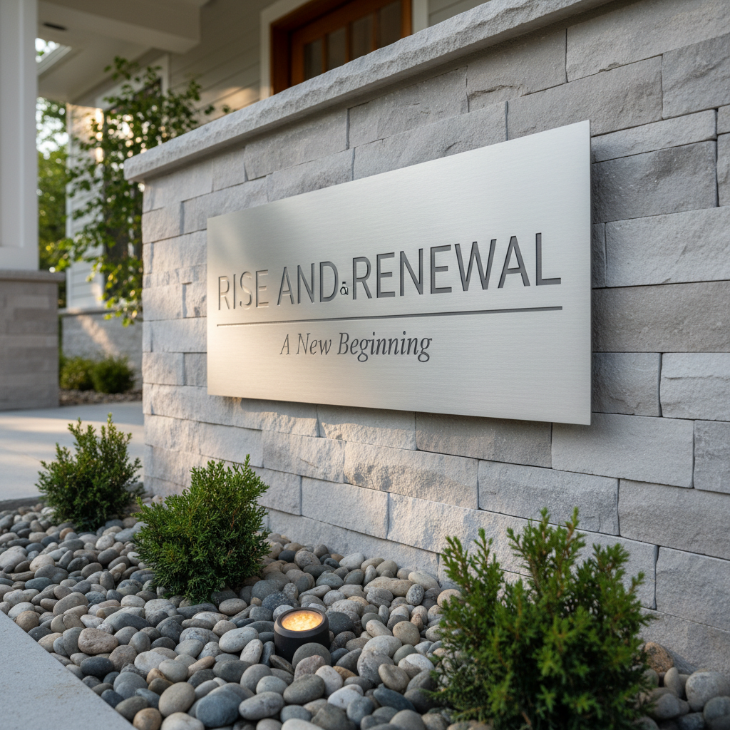 An uplifting entryway sign for a sober living home, consisting of a brushed metal plaque mounted on a smooth stone wall, engraved with the words “RISE AND RENEWAL” in clean, modern typography and the subtitle “A New Beginning” in smaller letters below. Around the sign, carefully arranged landscaping features small evergreen shrubs, river stones, and a low, warm-toned LED ground light. Early morning sunlight illuminates the sign from the side, creating soft shadows that emphasize the engraved letters and texture of the stone. The photograph is captured at a slight upward angle, with the sign dominating the frame and the background softly blurred. The mood is hopeful, professional, and dignified, visually presenting a stable, welcoming environment dedicated to sober living and fresh starts.